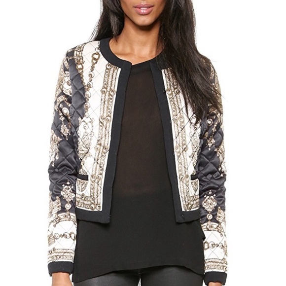 MARCHESA Voyage Notte Silk Scarf Quilted Bomber Jacket Blazer - Picture 1 of 8
